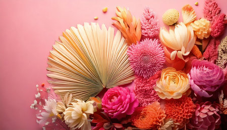 Colorful flower bouquet on a pink background. top viewの素材
