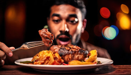 Bearded Indian man eating a piece of roast beef on a restaurant tableの素材