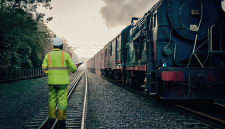 Worker in uniform and hardhat standing on the railroad tracks and looking at the trainの素材