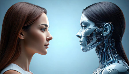 3d rendering of two female cyborgs looking at each otherの素材