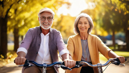 Happy senior couple riding bicycle in autumn park. They are looking at camera and smilingの素材