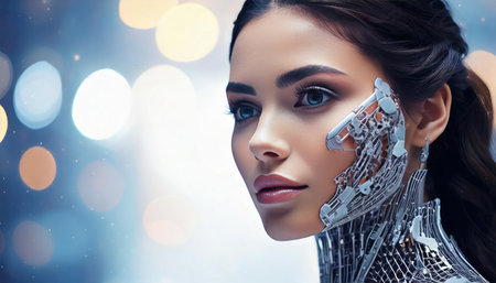 Close up portrait of a beautiful young woman with futuristic robot body.の素材