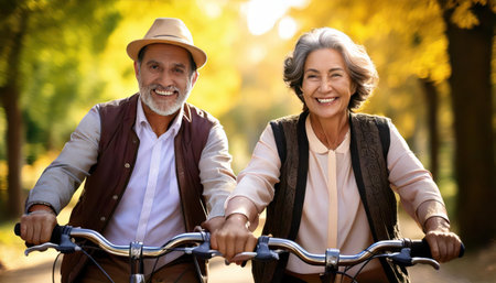 Happy senior couple riding bicycles in the park. They are looking at camera and smilingの素材