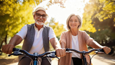 Senior couple riding bikes in park. They are looking at camera and smilingの素材