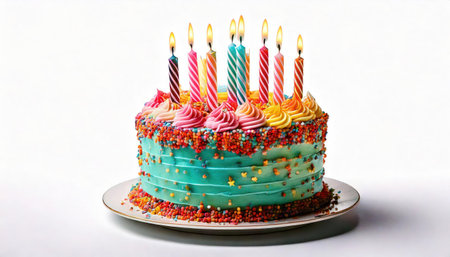 Birthday cake with candles on a white background, close-upの素材