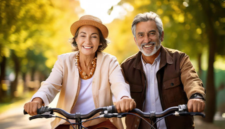 Portrait of happy senior couple riding bicycle in park on sunny dayの素材