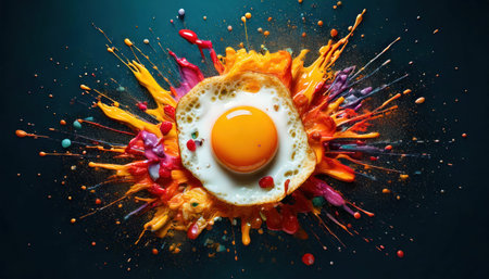 Fried egg in the shape of a flower with colorful splashes on a black backgroundの素材