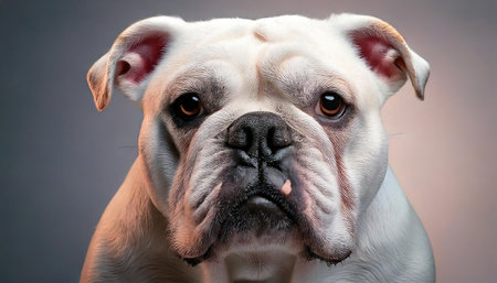 Portrait of an English Bulldog in a studio on a gray backgroundの素材