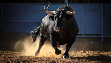spanish black bull with big horns in a traditional spectacle of bullfightの素材
