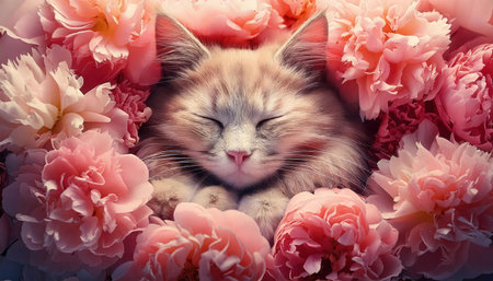 Cute little kitten sleeping in pink peony flowers background. Toned.の素材