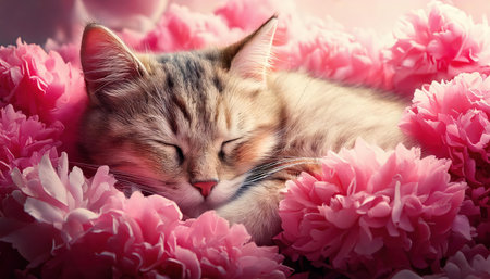 Cute cat sleeping on pink peony flowers background. Toned.の素材