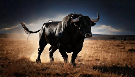 Bull in the steppe. Black bull in the steppe.の素材