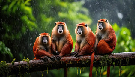 Monkeys in the rain on a tree branch in the rainforestの素材