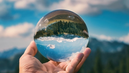 Crystal ball in the hand of a man against the background of mountainsの素材
