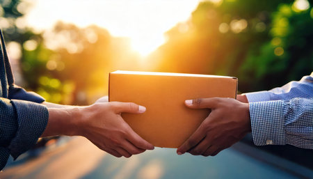 Close up of man and woman hands holding a cardboard box in the parkの素材