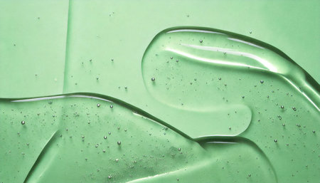Green liquid soap texture with bubbles, closeup. Abstract background.の素材