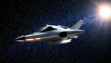Spaceship flying in space. Mixed media. mixed mediaの素材