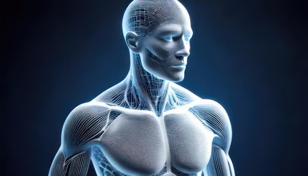3D rendering of a female medical figure with visible muscles and glowの素材