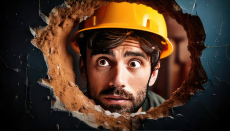 Portrait of a young caucasian construction worker looking through hole in wallの素材