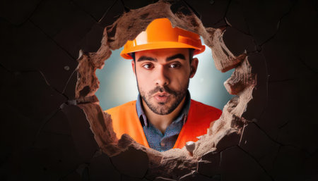 View of a Young attractive builder man inside a hole in a wallの素材