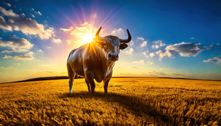 Bull in the field at sunset. Conceptual image of agriculture.の素材