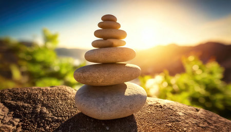 Pyramid of zen stones on the background of the setting sunの素材