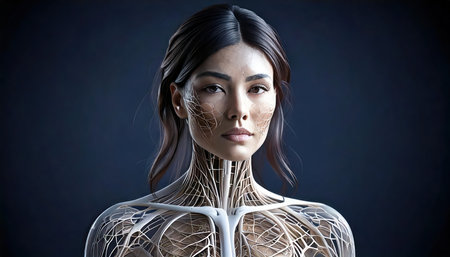 3d rendering of a female body anatomy with visible lymphatic systemの素材