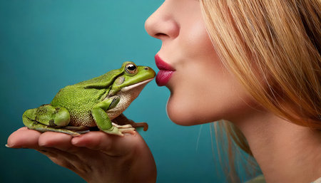 Close-up of a beautiful young woman with a green frog.の素材