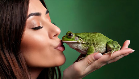 Beautiful young woman with green frog in her hands on green backgroundの素材