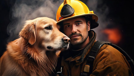 Portrait of a fireman and his dog on a dark backgroundの素材