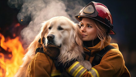 Portrait of a beautiful woman firefighter with a golden retriever dog.の素材