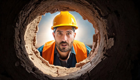 Portrait of a construction worker looking through a hole in a pipeの素材