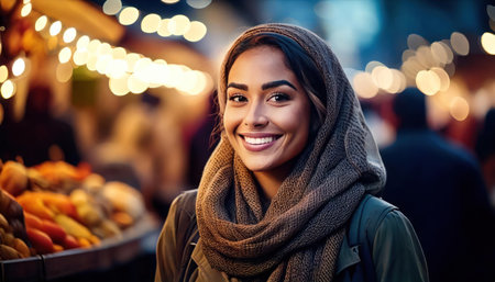 smiling african american woman in hijab at street food marketの素材