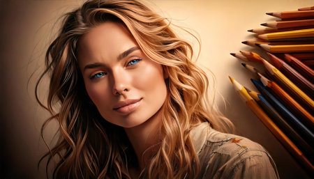 Portrait of a beautiful young woman with long wavy hair.の素材