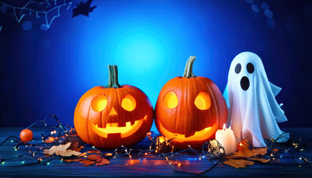 Halloween pumpkins and ghosts on dark background. Halloween holiday conceptの素材