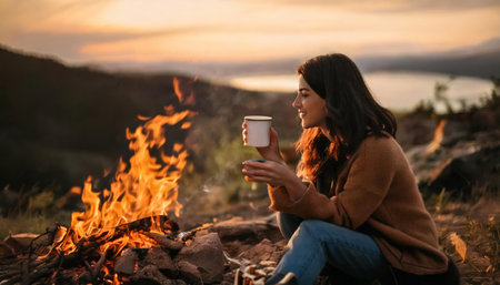 Young woman sitting by bonfire and drinking hot coffee in autumn forest.の素材