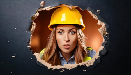 Young woman in hardhat looking through hole in wall. construction conceptの素材