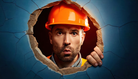 Scared construction worker looking through hole in blue wall. Portrait of young man in orange helmet looking through hole in wall.の素材