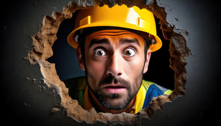 Surprised worker looking through a hole in a wall of a buildingの素材