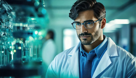Portrait of a male scientist working in a laboratory. Science and technology concept.の素材