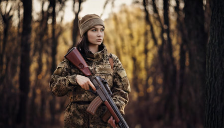 Beautiful young woman in camouflage with a rifle in the forest.の素材