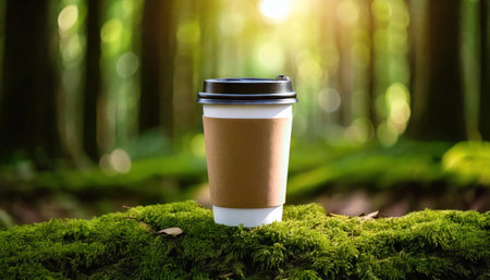 Coffee to go on green moss in the forest background.の素材