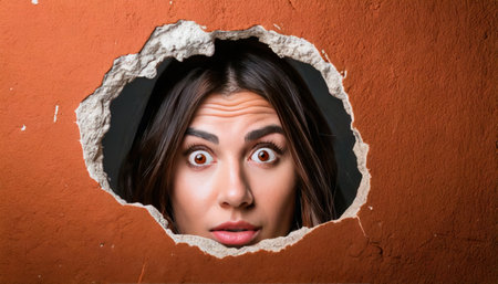 Surprised young woman looking through hole in orange wall. Looking at camera.の素材