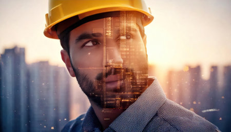 Double exposure of a man in a yellow hard hat on the background of the cityの素材