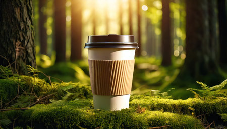 Coffee to go in a paper cup on a green forest background.の素材