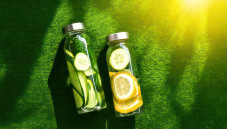 Detox water with lemon and cucumber in bottles on green backgroundの素材