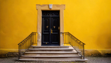 Old door on the yellow wall in Lisbon, Portugal, Europe.の素材