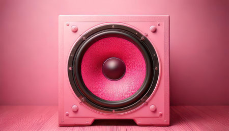 Pink speaker on a pink background. The concept of music and sound.の素材