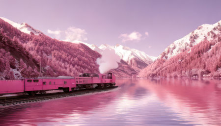 Train on the lake in the mountains. Retro style and tonedの素材