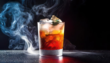 Cocktail with ice cubes on a black background with smoke.の素材